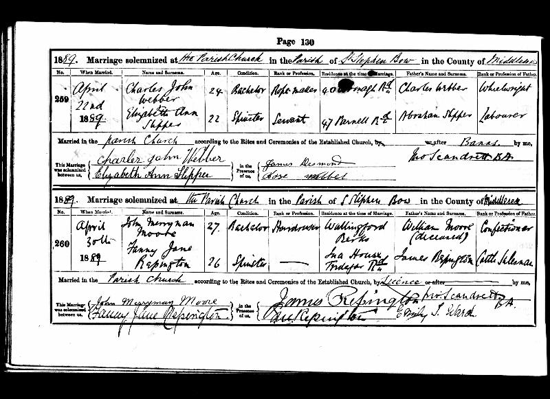 Repington (Fanny Jane) 1889 Marriage Record